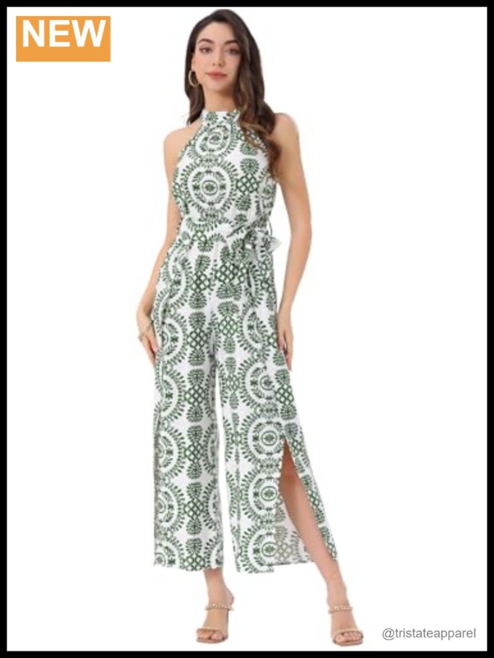 Allegra K Sleeveless Halter Neck Wide Leg Jumpsuit Boho Beach Slit Pants